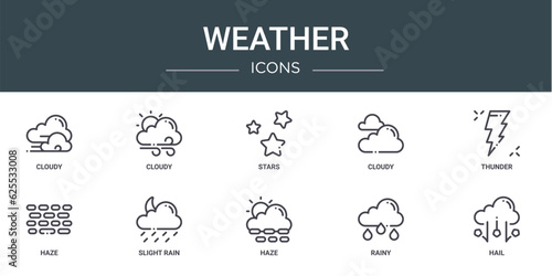 set of 10 outline web weather icons such as cloudy, cloudy, stars, cloudy, thunder, haze, slight rain vector icons for report, presentation, diagram, web design, mobile app
