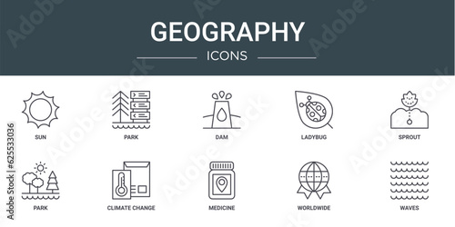 set of 10 outline web geography icons such as sun, park, dam, ladybug, sprout, park, climate change vector icons for report, presentation, diagram, web design, mobile app © MacroOne