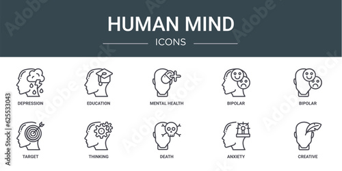 set of 10 outline web human mind icons such as depression, education, mental health, bipolar, bipolar, target, thinking vector icons for report, presentation, diagram, web design, mobile app