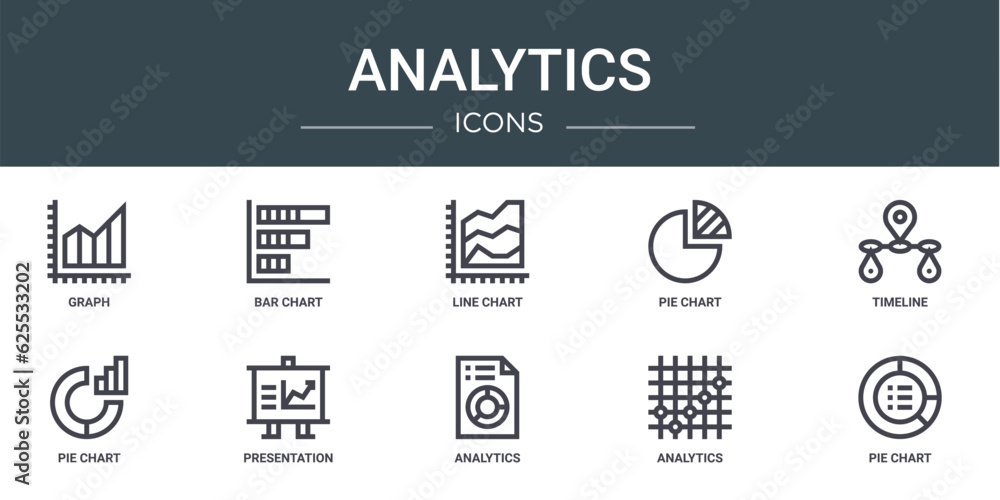 set of 10 outline web analytics icons such as graph, bar chart, line chart, pie chart, timeline, pie presentation vector icons for report, presentation, diagram, web design, mobile app