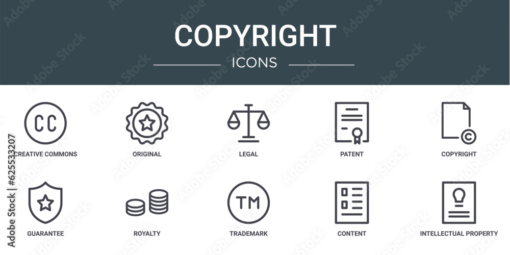 set of 10 outline web copyright icons such as creative commons, original, legal, patent, copyright, guarantee, royalty vector icons for report, presentation, diagram, web design, mobile app