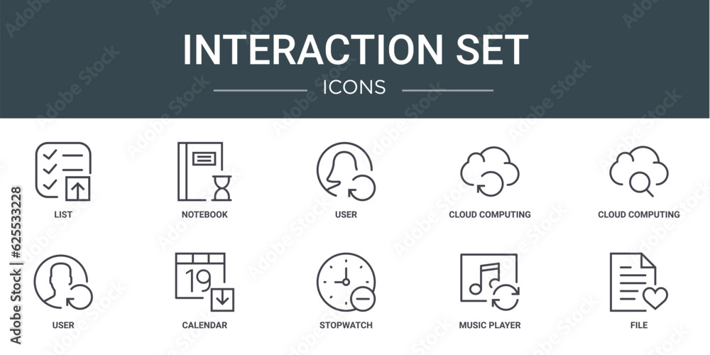 set of 10 outline web interaction set icons such as list, notebook, user, cloud computing, cloud computing, user, calendar vector icons for report, presentation, diagram, web design, mobile app