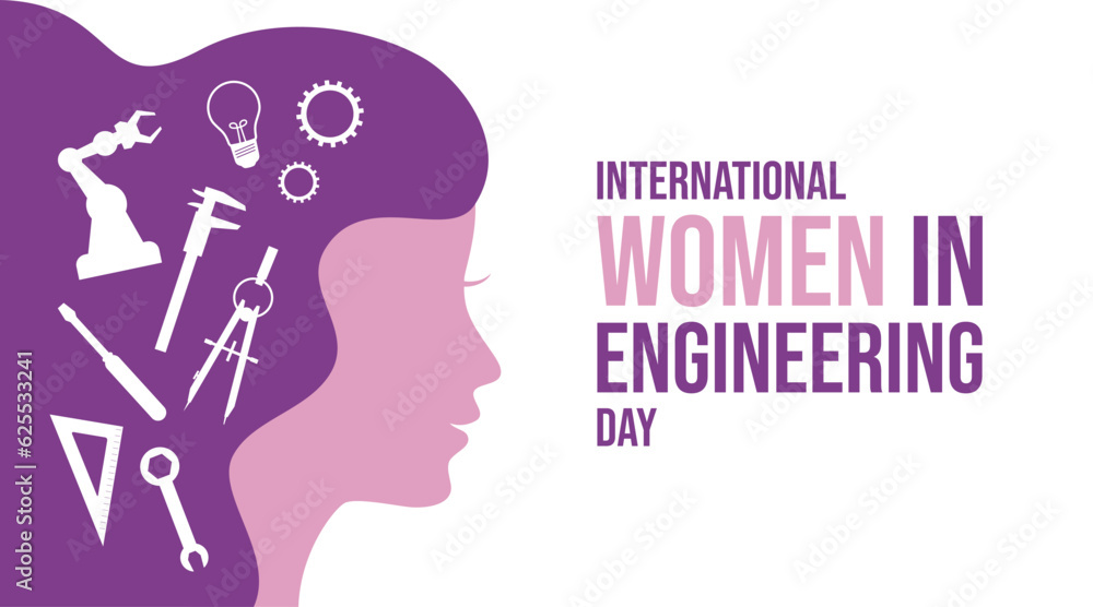International Women in Engineering Day banner vector illustration. Woman face in profile purple silhouette vector. Woman engineer symbol. Female engineer graphic design element. June 23. Important day