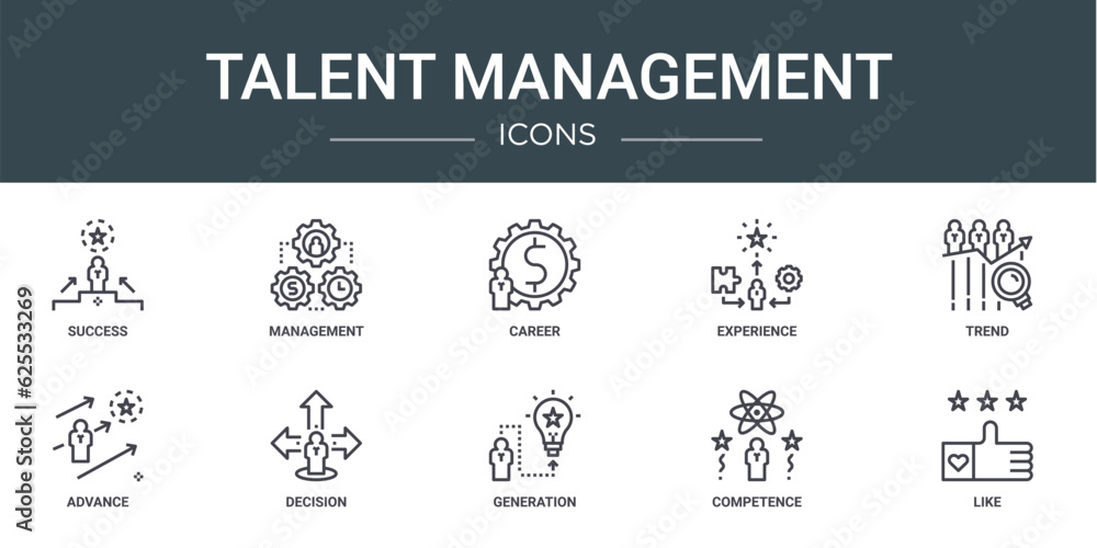 set of 10 outline web talent management icons such as success, management, career, experience, trend, advance, decision vector icons for report, presentation, diagram, web design, mobile app