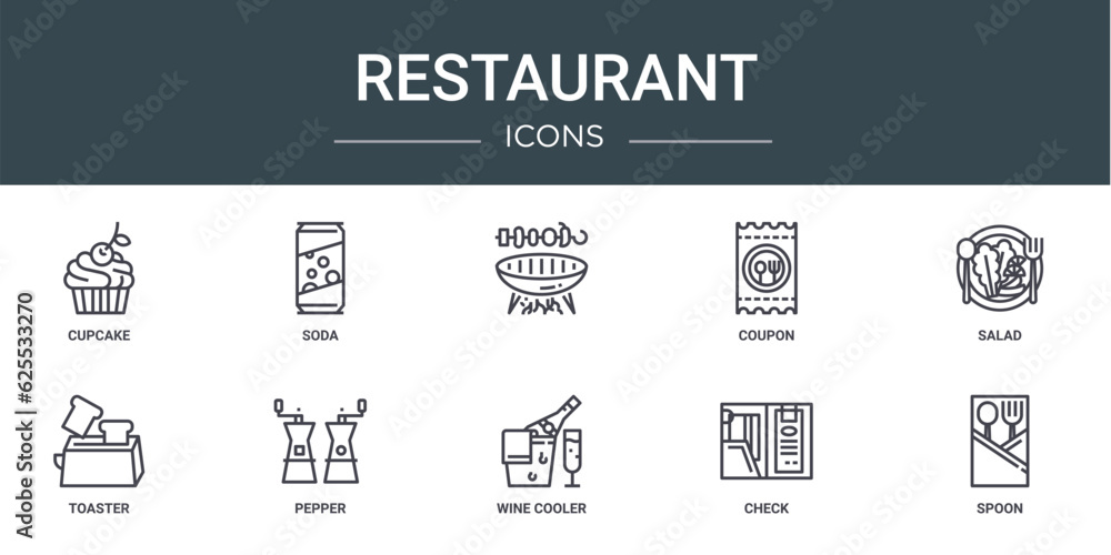 set of 10 outline web restaurant icons such as cupcake, soda, , coupon, salad, toaster, pepper vector icons for report, presentation, diagram, web design, mobile app