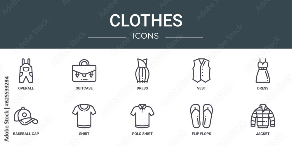 set of 10 outline web clothes icons such as overall, suitcase, dress, vest, dress, baseball cap, shirt vector icons for report, presentation, diagram, web design, mobile app