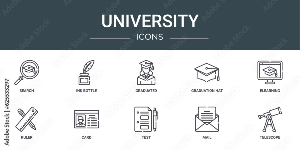 set of 10 outline web university icons such as search, ink bottle, graduated, graduation hat, elearning, ruler, card vector icons for report, presentation, diagram, web design, mobile app