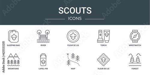 set of 10 outline web scouts icons such as sleeping bag, river, fleur de lis, torch, wristwatch, mountains, lapel pin vector icons for report, presentation, diagram, web design, mobile app