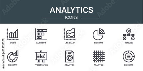 set of 10 outline web analytics icons such as graph, bar chart, line chart, pie chart, timeline, pie presentation vector icons for report, presentation, diagram, web design, mobile app