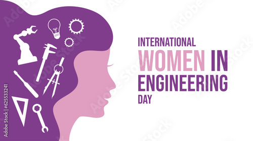 International Women in Engineering Day banner vector illustration. Woman face in profile purple silhouette vector. Woman engineer symbol. Female engineer graphic design element. June 23. Important day