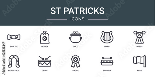 set of 10 outline web st patricks icons such as bow tie, money, gold, harp, dress, horseshoe, drum vector icons for report, presentation, diagram, web design, mobile app