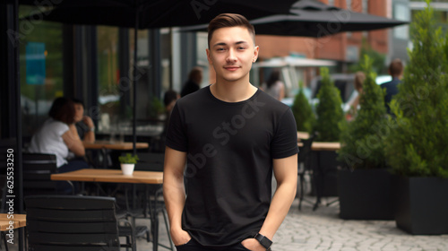 Young man wearing bella canvas black t shirt and jeans, at a park on a summer day. photo