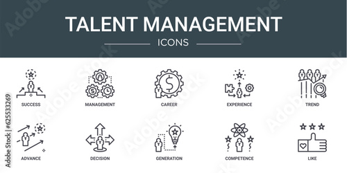 set of 10 outline web talent management icons such as success, management, career, experience, trend, advance, decision vector icons for report, presentation, diagram, web design, mobile app