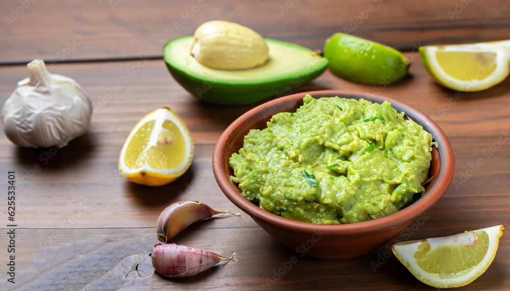 Clay bowl with fresh guacamole, lemon and garlic on wooden table. Diet vegetarian Mexican food avocado. Clay bowl with fresh guacamole, lemon and garlic on wooden table. Diet vegetarian Mexican food avocado.