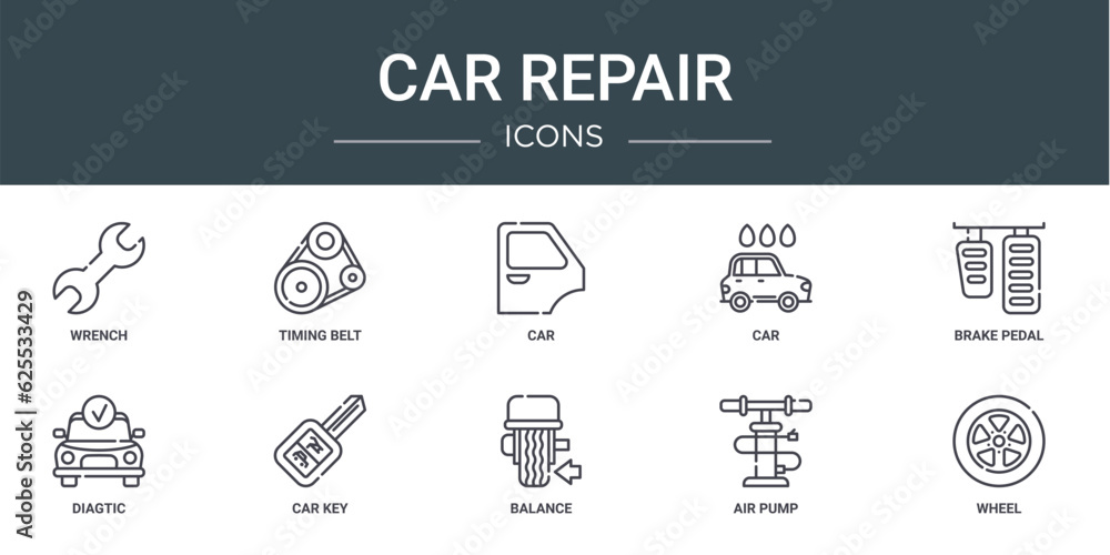 set of 10 outline web car repair icons such as wrench, timing belt, car, car, brake pedal, diagtic, key vector icons for report, presentation, diagram, web design, mobile app