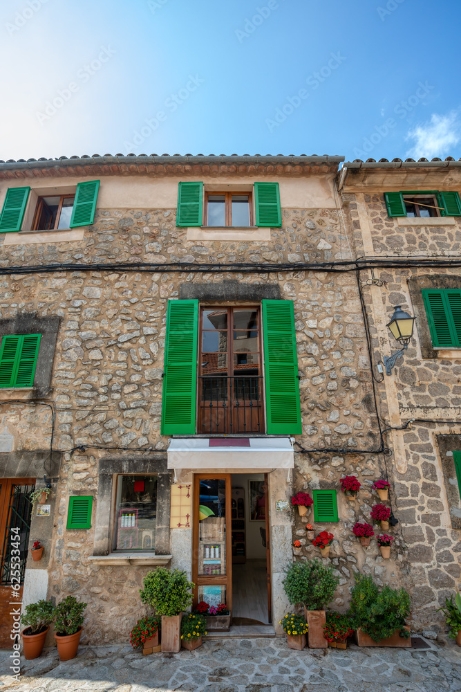 Narrow streets in historic center of town of Valldemossa, Balearic Islands Mallorca Spain.