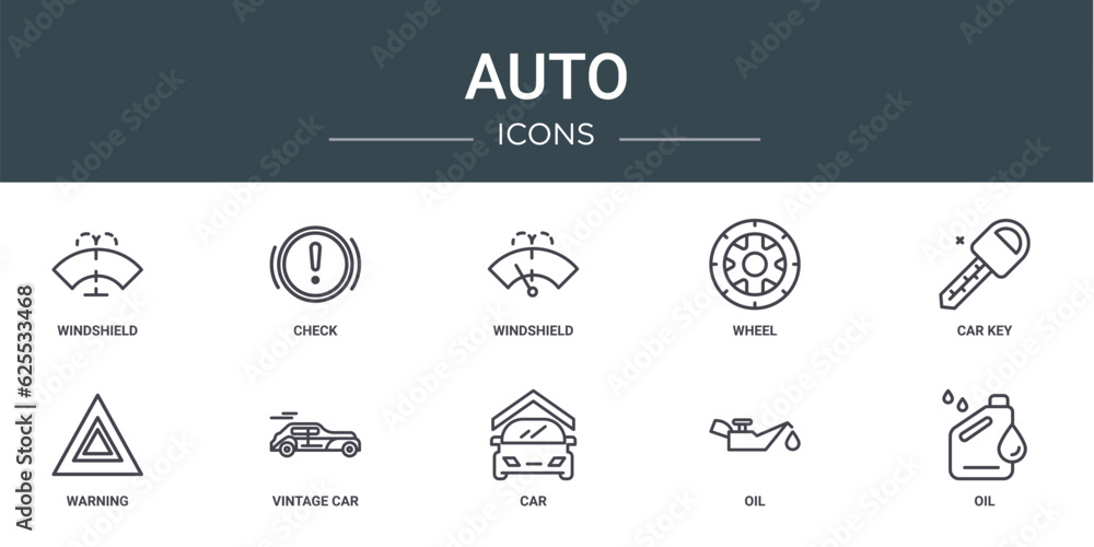 set of 10 outline web auto icons such as windshield, check, windshield, wheel, car key, warning, vintage car vector icons for report, presentation, diagram, web design, mobile app
