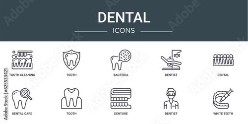 set of 10 outline web dental icons such as tooth cleaning, tooth, bacteria, dentist, dental, dental care, tooth vector icons for report, presentation, diagram, web design, mobile app