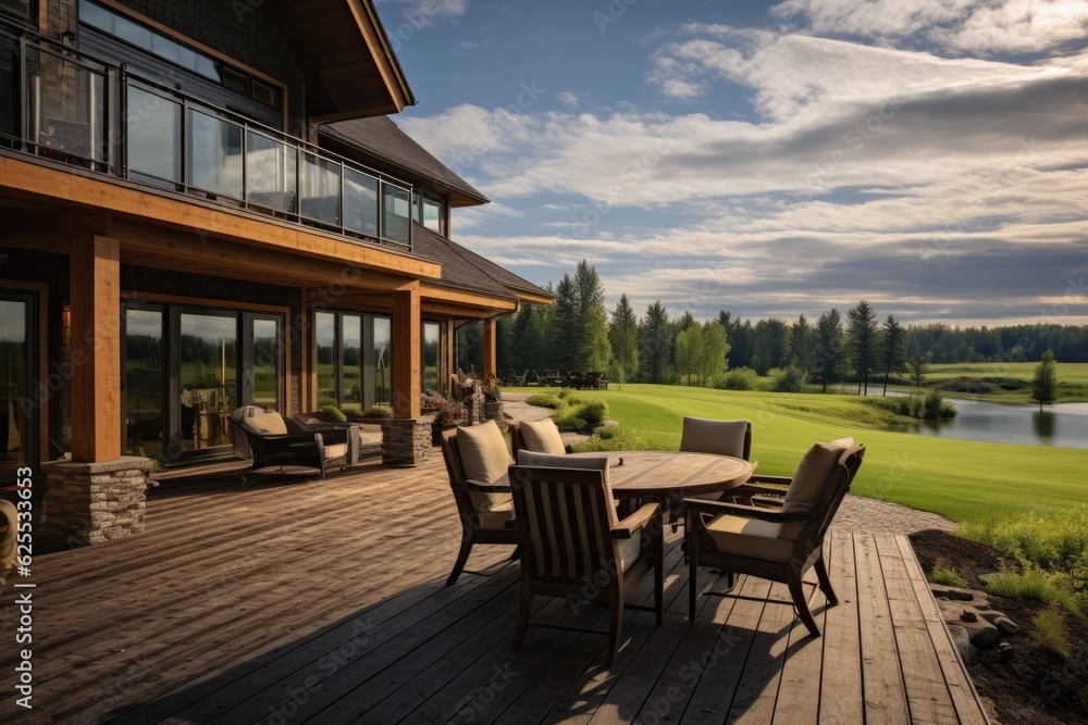 Gorgeous spacious cabin residence featuring a sizable wooden deck complete with chairs and a table, offering a picturesque view of the golf course.