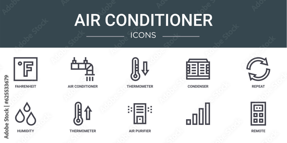 set of 10 outline web air conditioner icons such as fahrenheit, air conditioner, thermometer, condenser, repeat, humidity, thermometer vector icons for report, presentation, diagram, web design,