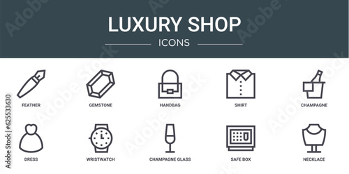 set of 10 outline web luxury shop icons such as feather, gemstone, handbag, shirt, champagne, dress, wristwatch vector icons for report, presentation, diagram, web design, mobile app