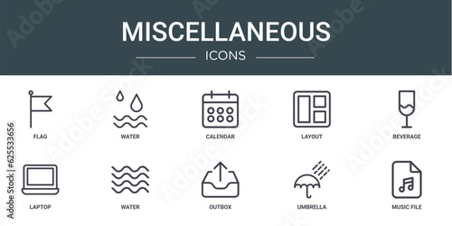 set of 10 outline web miscellaneous icons such as flag, water, calendar, layout, beverage, laptop, water vector icons for report, presentation, diagram, web design, mobile app
