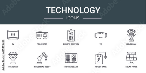 set of 10 outline web technology icons such as tv, projector, remote control, vr, hologram, hologram, industrial robot vector icons for report, presentation, diagram, web design, mobile app