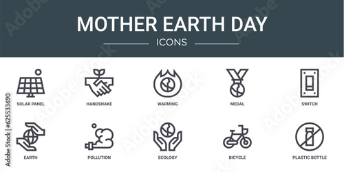 set of 10 outline web mother earth day icons such as solar panel, handshake, warming, medal, switch, earth, pollution vector icons for report, presentation, diagram, web design, mobile app