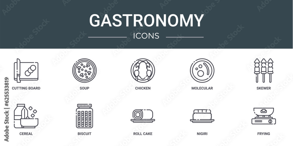 set of 10 outline web gastronomy icons such as cutting board, soup, chicken, molecular, skewer, cereal, biscuit vector icons for report, presentation, diagram, web design, mobile app