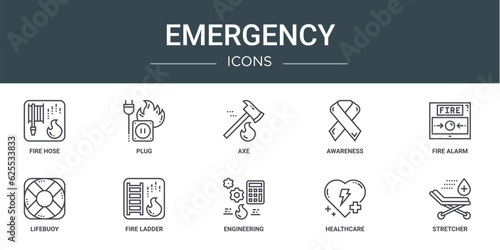 set of 10 outline web emergency icons such as fire hose, plug, axe, awareness, fire alarm, lifebuoy, fire ladder vector icons for report, presentation, diagram, web design, mobile app