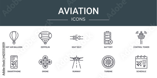 set of 10 outline web aviation icons such as hot air balloon, zeppelin, seat belt, battery, control tower, smartphone, drone vector icons for report, presentation, diagram, web design, mobile app