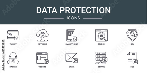 set of 10 outline web data protection icons such as wallet, network, smartphone, search, ssl, hacker, website vector icons for report, presentation, diagram, web design, mobile app