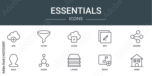 set of 10 outline web essentials icons such as add  filter  cloud  edit  shared  male  share vector icons for report  presentation  diagram  web design  mobile app