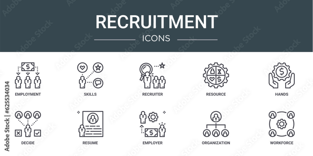 set of 10 outline web recruitment icons such as employment, skills, recruiter, resource, hands, decide, resume vector icons for report, presentation, diagram, web design, mobile app