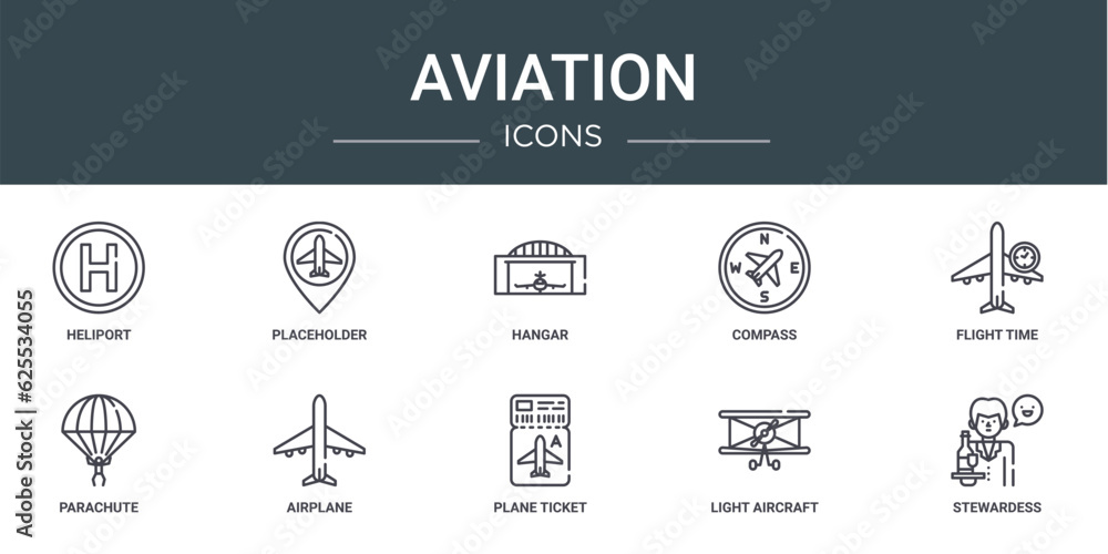 set of 10 outline web aviation icons such as heliport, placeholder, hangar, compass, flight time, parachute, airplane vector icons for report, presentation, diagram, web design, mobile app