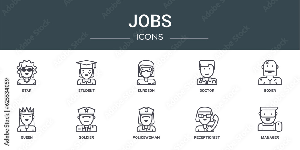 set of 10 outline web jobs icons such as star, student, surgeon, doctor, boxer, queen, soldier vector icons for report, presentation, diagram, web design, mobile app