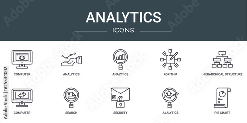 set of 10 outline web analytics icons such as computer, analytics, analytics, aorithm, hierarchical structure, computer, search vector icons for report, presentation, diagram, web design, mobile app