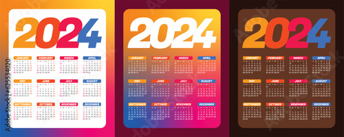 2024 Calendar Planner Template, ector layout of a wall or desk simple calendar with week start Sunday. Anual Organizer, Flat Vector, isolated, colorful.