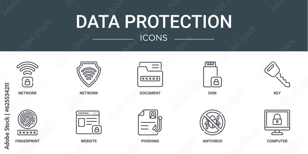 set of 10 outline web data protection icons such as network, network, document, disk, key, fingerprint, website vector icons for report, presentation, diagram, web design, mobile app