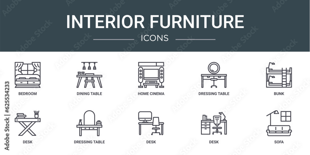 set of 10 outline web interior furniture icons such as bedroom, dining table, home cinema, dressing table, bunk, desk, dressing table vector icons for report, presentation, diagram, web design,