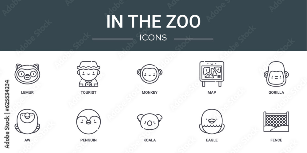 set of 10 outline web in the zoo icons such as lemur, tourist, monkey, map, gorilla, aw, penguin vector icons for report, presentation, diagram, web design, mobile app