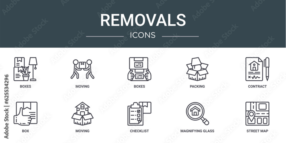 set of 10 outline web removals icons such as boxes, moving, boxes, packing, contract, box, moving vector icons for report, presentation, diagram, web design, mobile app