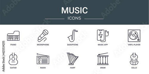 set of 10 outline web music icons such as piano, microphone, saxophone, music app, vinyl player, guitar, radio vector icons for report, presentation, diagram, web design, mobile app