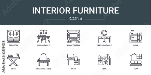 set of 10 outline web interior furniture icons such as bedroom, dining table, home cinema, dressing table, bunk, desk, dressing table vector icons for report, presentation, diagram, web design,