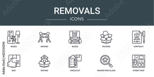 set of 10 outline web removals icons such as boxes, moving, boxes, packing, contract, box, moving vector icons for report, presentation, diagram, web design, mobile app © MacroOne