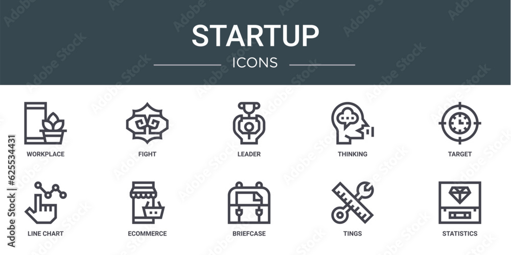 set of 10 outline web startup icons such as workplace, fight, leader, thinking, target, line chart, ecommerce vector icons for report, presentation, diagram, web design, mobile app