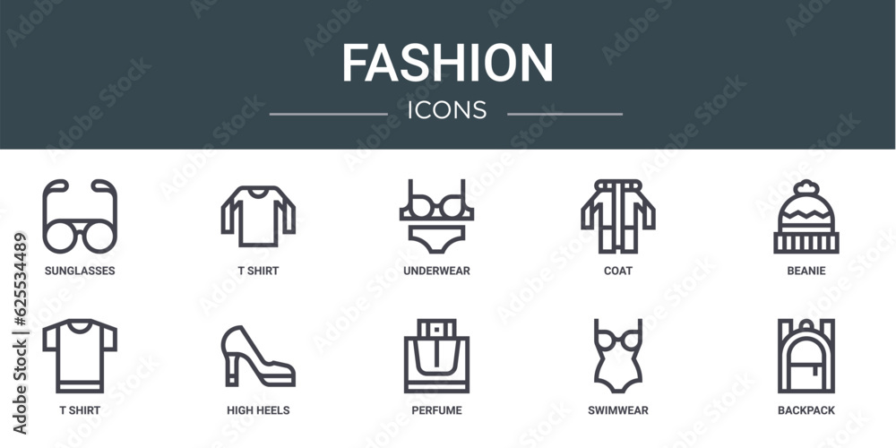 set of 10 outline web fashion icons such as sunglasses, t shirt, underwear, coat, beanie, t shirt, high heels vector icons for report, presentation, diagram, web design, mobile app