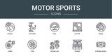 set of 10 outline web motor sports icons such as helmet, air pump, fuel, laptop, brake, turbo, tyre vector icons for report, presentation, diagram, web design, mobile app