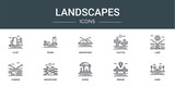 set of 10 outline web landscapes icons such as cliff, ruins, mountains, cactus, lake, tundra, mountains vector icons for report, presentation, diagram, web design, mobile app