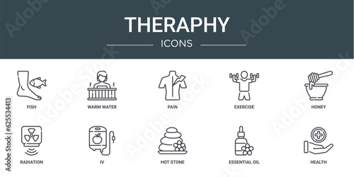 set of 10 outline web theraphy icons such as fish, warm water, pain, exercise, honey, radiation, iv vector icons for report, presentation, diagram, web design, mobile app